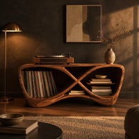 Infinity shaped record console with open bays and a smooth sculpted body in a dark living room at golden hour
