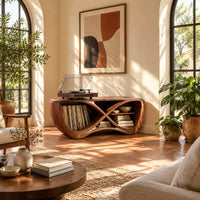 Infinity shaped record console with open bays and a smooth sculpted body in a bright living room with arched windows and plants