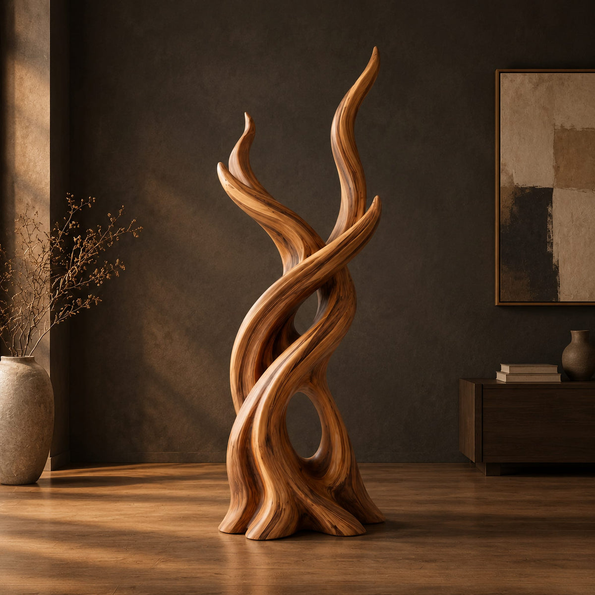 Interlaced branch sculpture with flame shaped tips and an open hollow near the base in a dark studio against a charcoal plaster wall