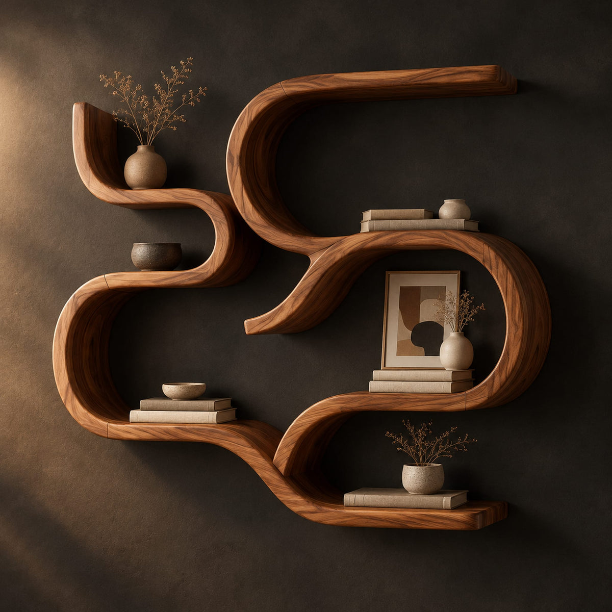 Interlocking looped ribbon wall shelves with open pockets in a dark studio against a charcoal plaster wall