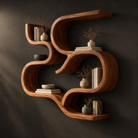 Interlocking looped ribbon wall shelves with open pockets, three-quarter view showing the grain