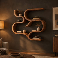 Interlocking looped ribbon wall shelves with open pockets in a dark living room at golden hour