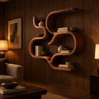 Interlocking looped ribbon wall shelves with open pockets in an evening living room with walnut wall paneling