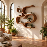 Interlocking looped ribbon wall shelves with open pockets in a bright living room with arched windows and plants