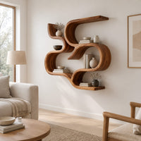 Interlocking looped ribbon wall shelves with open pockets in a Scandinavian living room with white walls