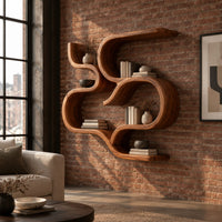 Interlocking looped ribbon wall shelves with open pockets in an industrial loft living room with exposed brick