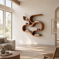 Interlocking looped ribbon wall shelves with open pockets in a bright open plan living room