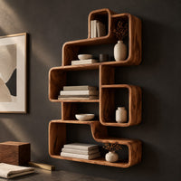 Corner detail of interlocking open cubby shelf unit with staggered boxes and smooth edges beside wood, brass and linen samples
