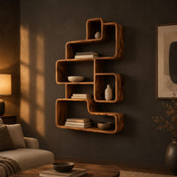 Interlocking open cubby shelf unit with staggered boxes and smooth edges in a dark living room at golden hour