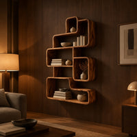Interlocking open cubby shelf unit with staggered boxes and smooth edges in an evening living room with walnut wall paneling