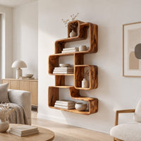 Interlocking open cubby shelf unit with staggered boxes and smooth edges in a Scandinavian living room with white walls