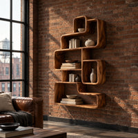 Interlocking open cubby shelf unit with staggered boxes and smooth edges in an industrial loft living room with exposed brick