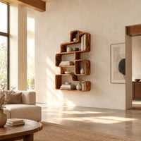 Interlocking open cubby shelf unit with staggered boxes and smooth edges in a bright open plan living room
