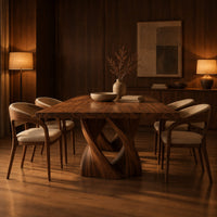Rectangular dining table on a single pedestal of interlocking twisted ribbons in an evening dining room with walnut wall paneling