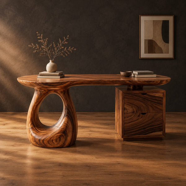 Kidney Shaped Desk With Open Loop Pedestal And Two Drawers