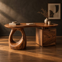Kidney shaped desk with a loop pedestal and a two drawer cabinet, three-quarter view showing the grain