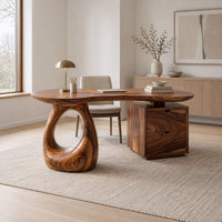 Kidney shaped desk with a loop pedestal and a two drawer cabinet in a Scandinavian home office with white walls