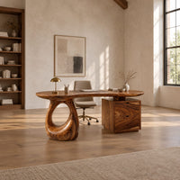 Kidney shaped desk with a loop pedestal and a two drawer cabinet in a bright open plan home office