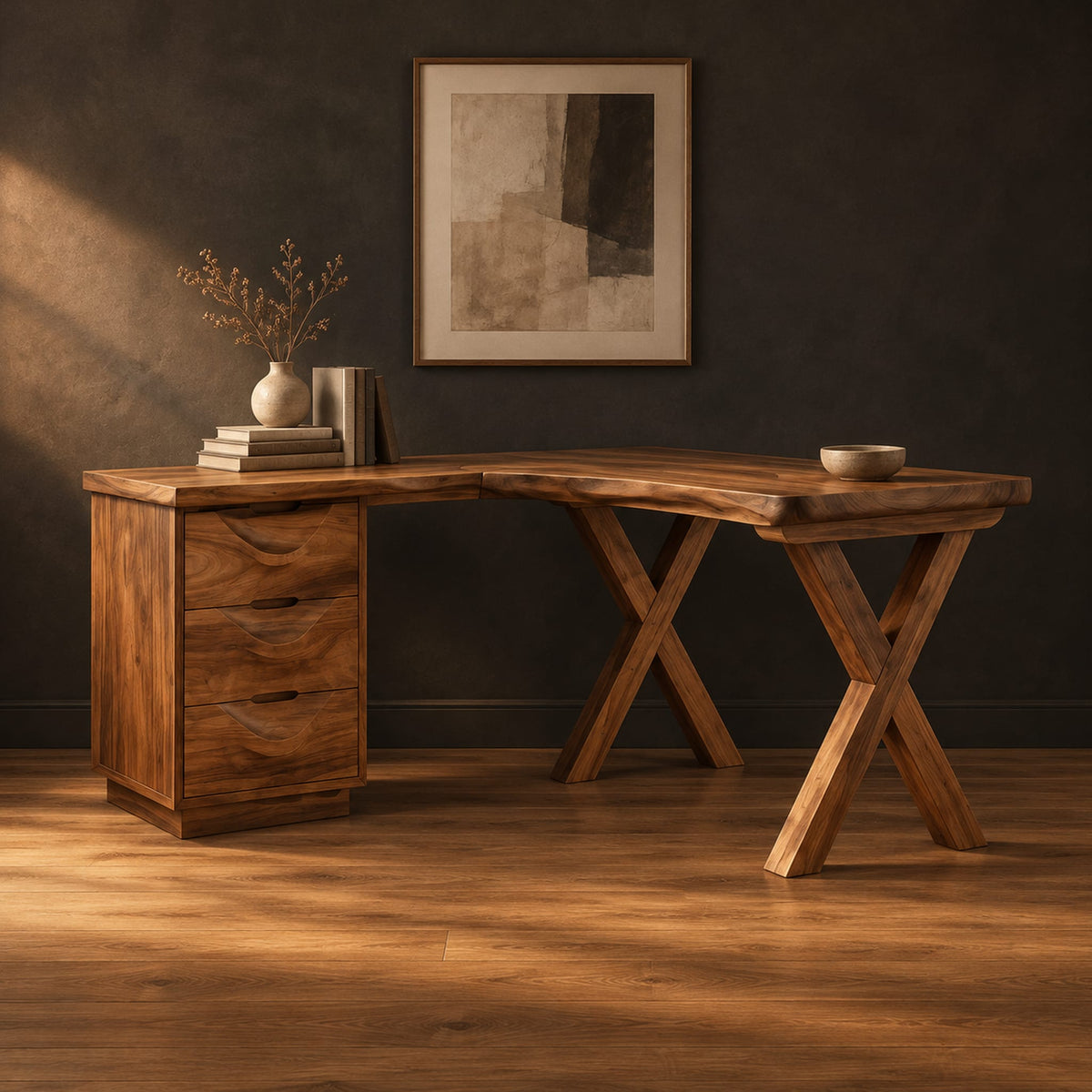 L shaped desk with a three drawer pedestal and crossed x legs in a dark studio against a charcoal plaster wall