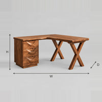 L Shaped Corner Desk With Three Drawers And X Frame Legs dimension diagram with width, height and depth