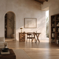 L shaped desk with a three drawer pedestal and crossed x legs in a bright open plan home office