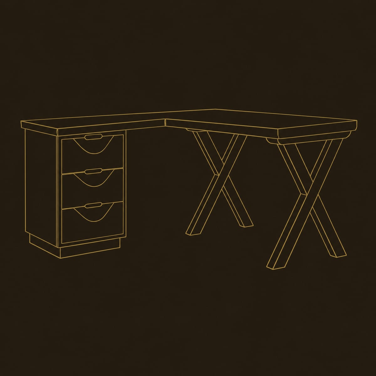 L Shaped Corner Desk With Three Drawers And X Frame Legs dimension diagram