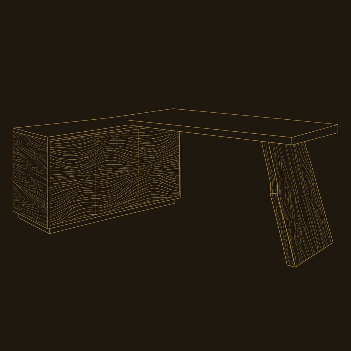 L Shaped Desk With Carved Grain Cabinet And Slab Leg dimension diagram