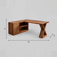 L Shaped Desk With Ripple Carved Cabinet And X Shaped Leg dimension diagram with width, height and depth