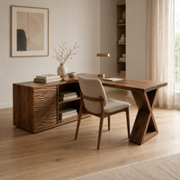 L shaped wood desk with ripple carved side unit and x shaped leg in a Scandinavian home office with white walls