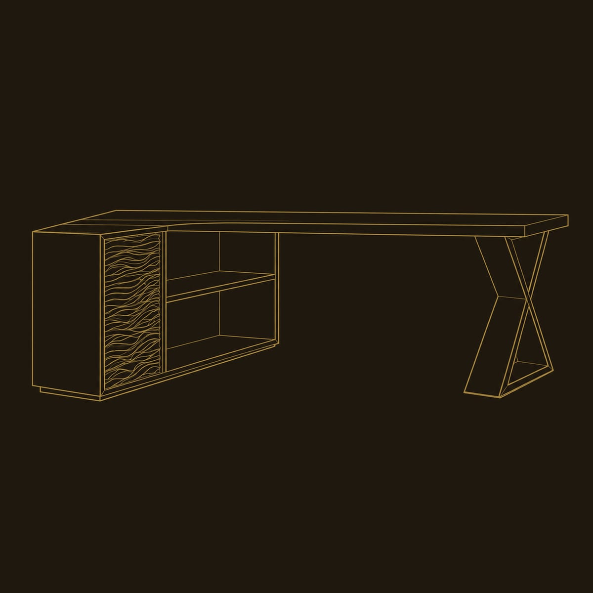 L Shaped Desk With Ripple Carved Cabinet And X Shaped Leg dimension diagram