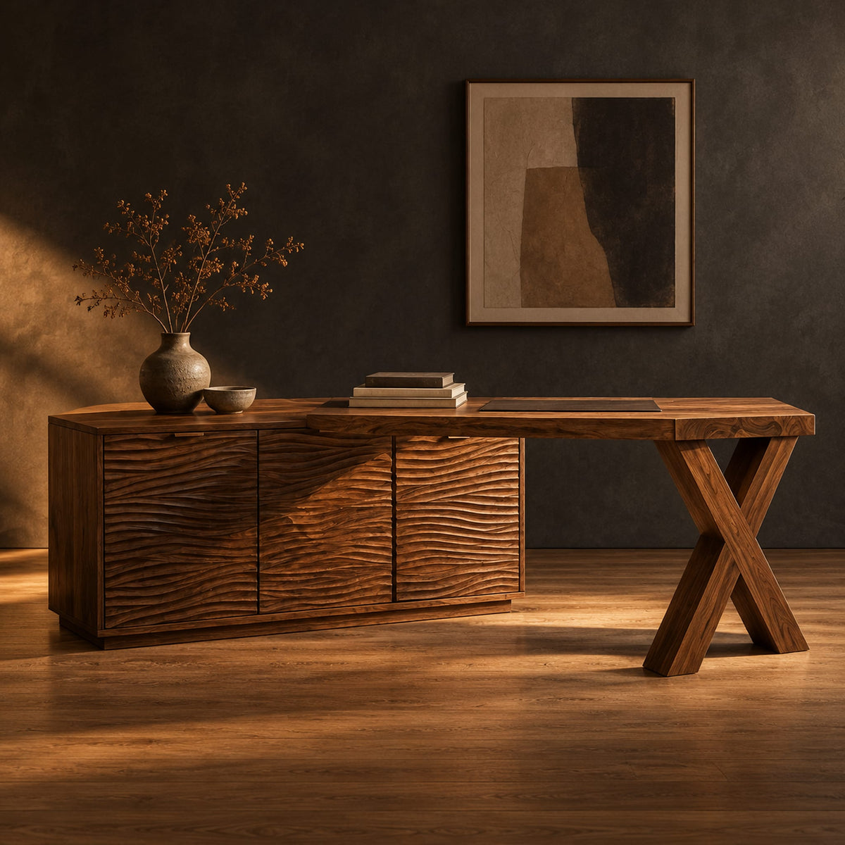 L shaped desk with an x leg and a cabinet with carved ripple fronts in a dark studio against a charcoal plaster wall