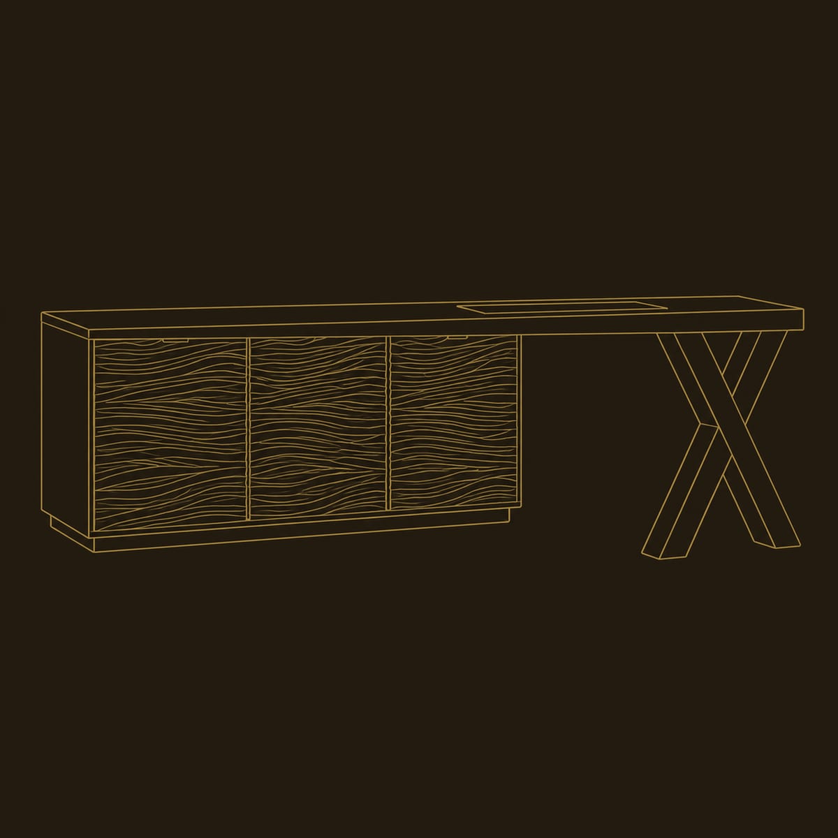 L Shaped Desk With X Leg And Carved Ripple Cabinet dimension diagram
