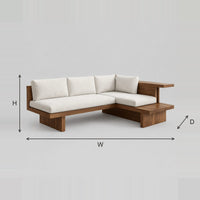 L Shaped Sofa With Low Wood Platform Base And Side Ledge dimension diagram with width, height and depth
