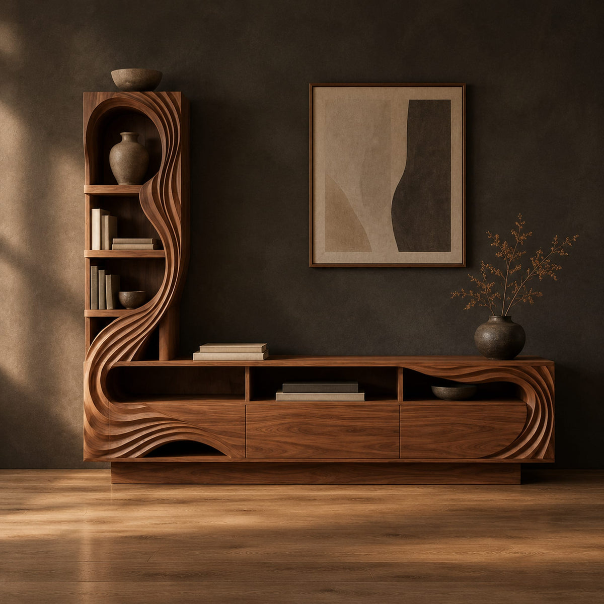 Tv stand with a tall arched shelf tower and flowing carved lines in a dark studio against a charcoal plaster wall