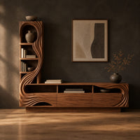 Tv stand with a tall arched shelf tower and flowing carved lines in a dark studio against a charcoal plaster wall