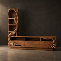 Tv stand with a tall arched shelf tower and flowing carved lines, three-quarter view showing the grain