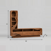L Shaped TV Stand With Arched Shelf Tower And Flowing Carved Lines dimension diagram with width, height and depth