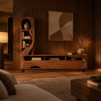 Tv stand with a tall arched shelf tower and flowing carved lines in an evening living room with walnut wall paneling