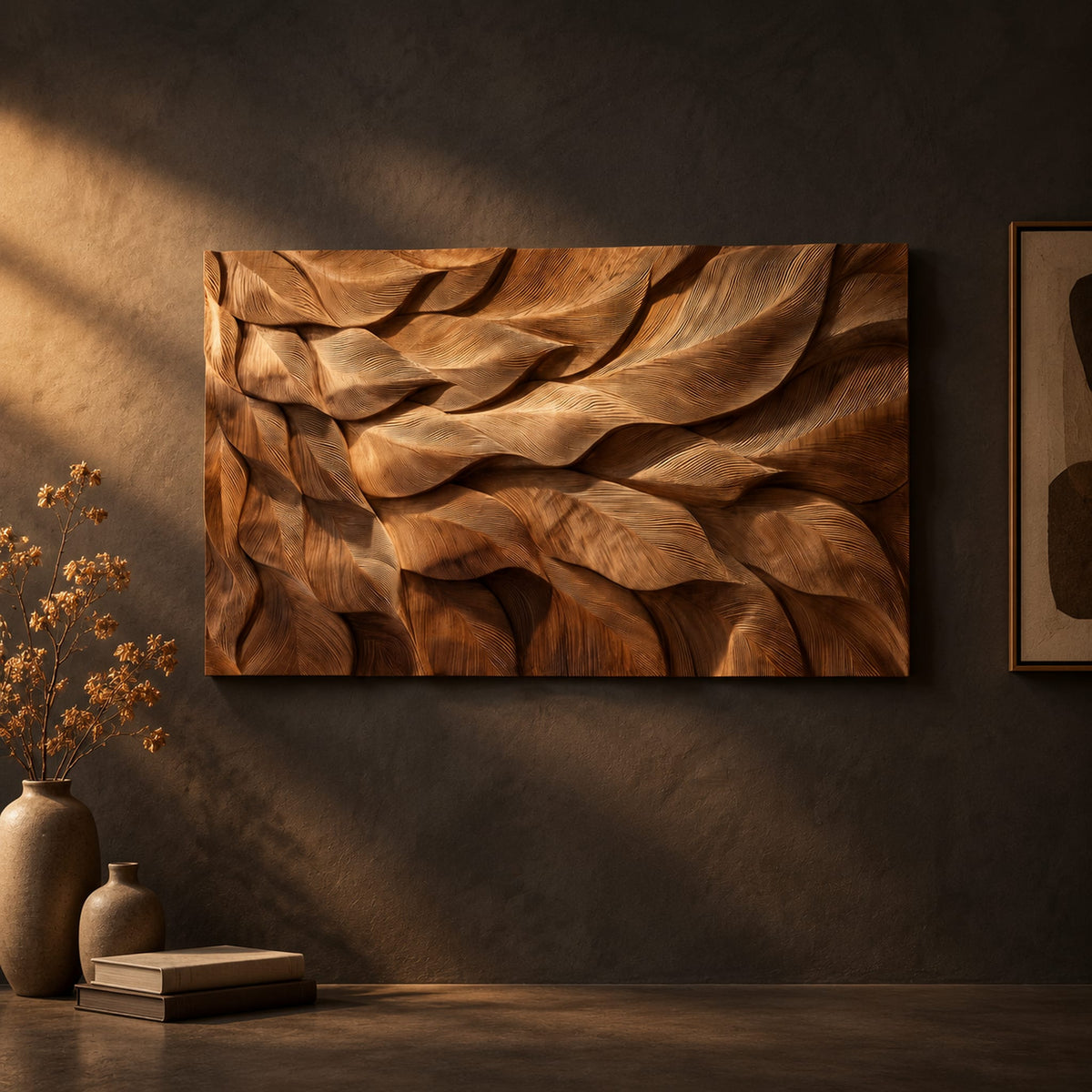 Rectangular wall art panel of layered carved leaves in deep relief on a dark charcoal plaster wall