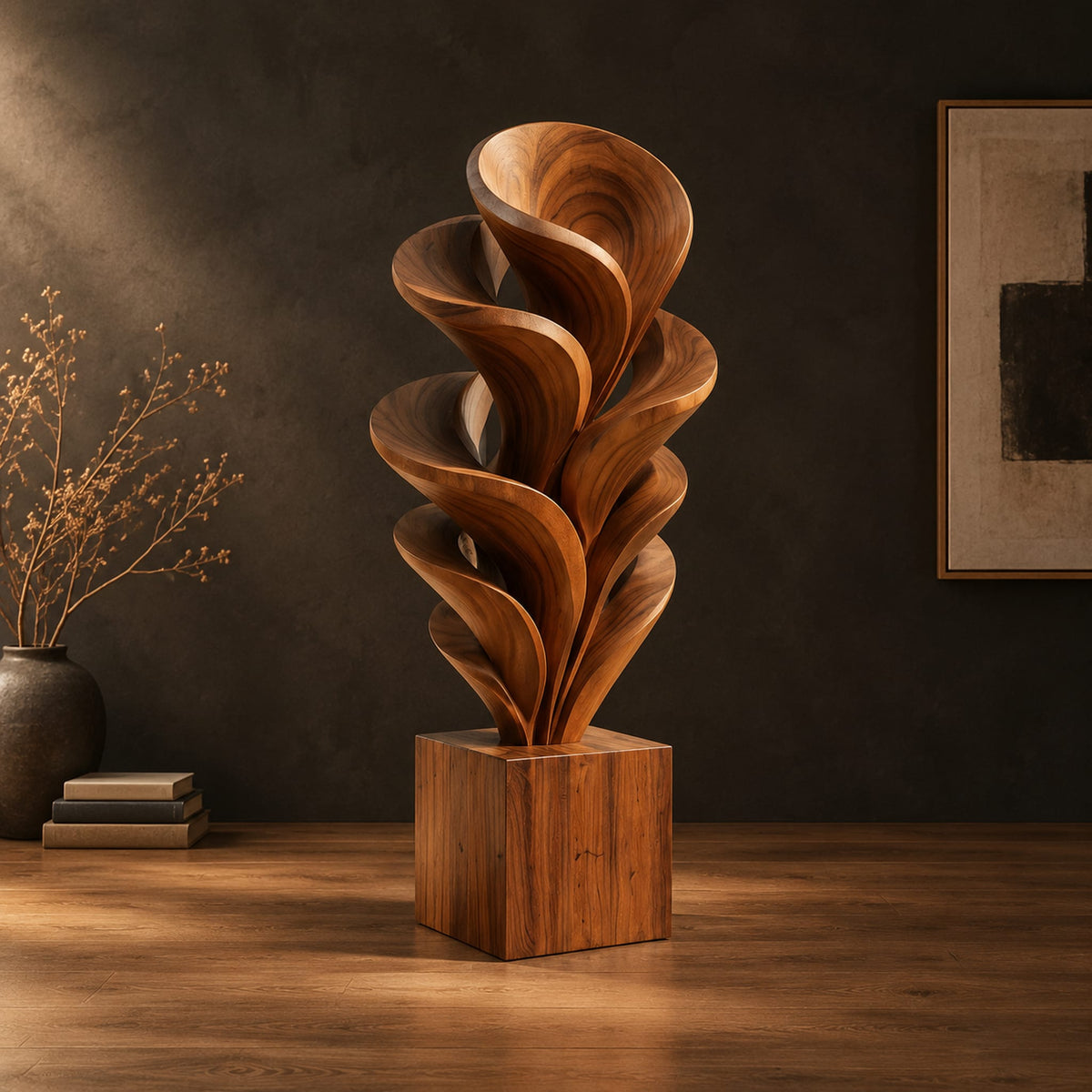 Wood sculpture of layered swirling petals rising from a square block base in a dark studio against a charcoal plaster wall
