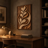 Framed wall art carved with heart shaped leaves in layered relief above a desk in a dark study corner
