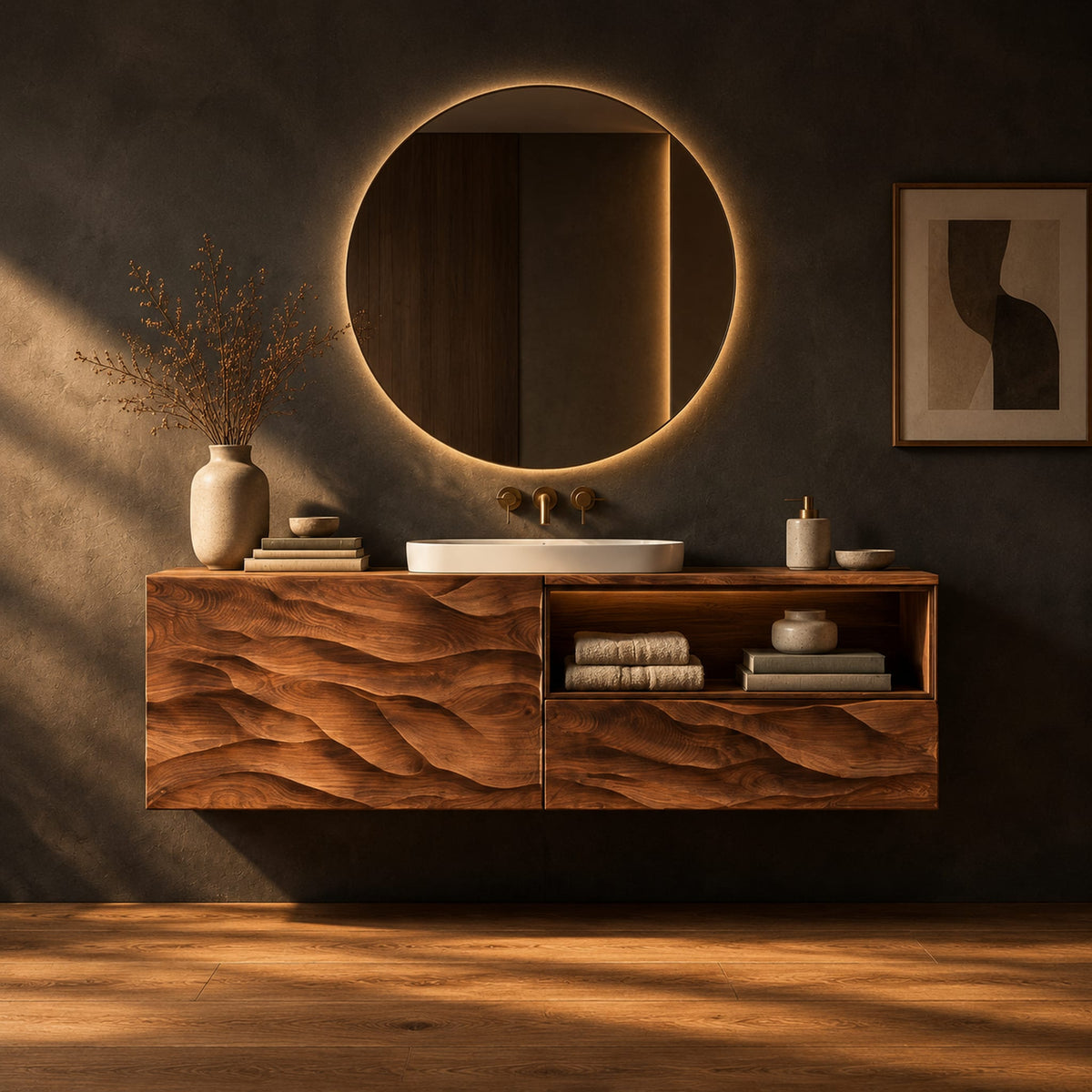 Floating vanity with layered carved ridges and an open shelf on the right in a dark studio against a charcoal plaster wall