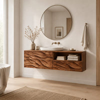Floating vanity with layered carved ridges and an open shelf on the right in a Scandinavian bathroom with white walls