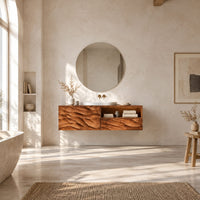 Floating vanity with layered carved ridges and an open shelf on the right in a bright open plan bathroom