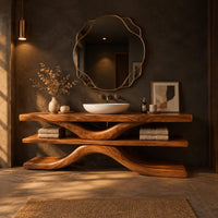 Three layer slab bathroom vanity on a sweeping s shaped support in a dark bathroom at golden hour