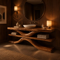 Three layer slab bathroom vanity on a sweeping s shaped support in an evening bathroom with walnut wall paneling