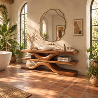 Three layer slab bathroom vanity on a sweeping s shaped support in a bright bathroom with arched windows and plants