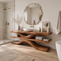 Three layer slab bathroom vanity on a sweeping s shaped support in a Scandinavian bathroom with white walls