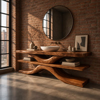 Three layer slab bathroom vanity on a sweeping s shaped support in an industrial loft bathroom with exposed brick