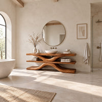 Three layer slab bathroom vanity on a sweeping s shaped support in a bright open plan bathroom
